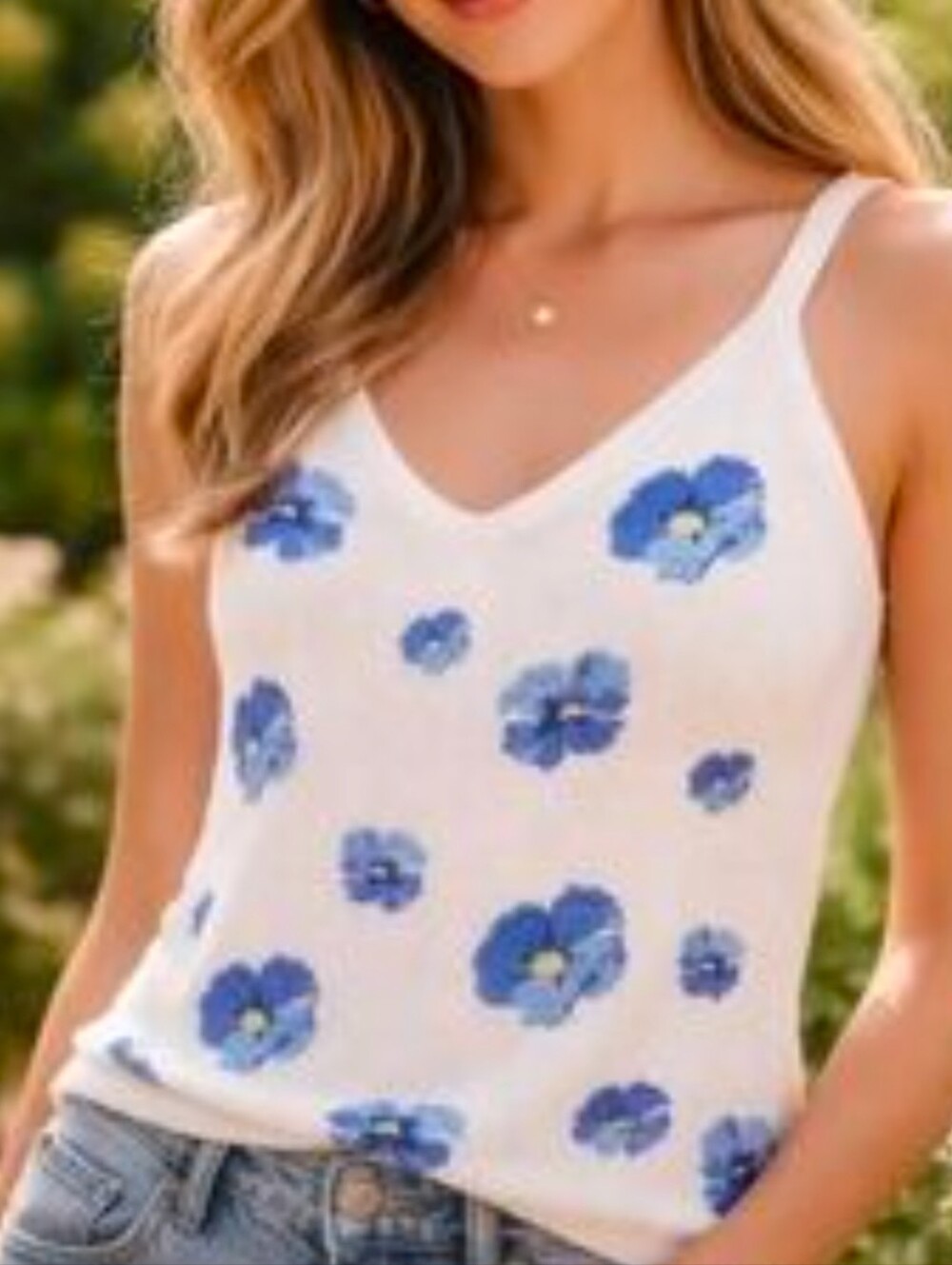 Boston Proper Floral Embroidered Knit Sweater Tank Top V-Neck White Blue Large